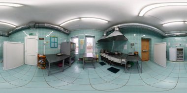 GRODNO, BELARUS - APRIL, 2016: full seamless panorama 360 by 180 angle view in interior of small kitchen room for cooking in equirectangular projection, skybox VR content clipart