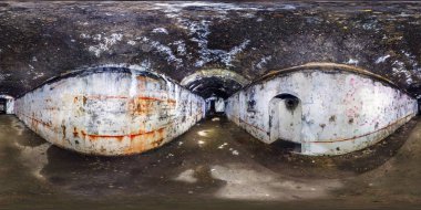 full seamless panorama 360 degrees angle view inside ruined abandoned military underground casemates fortress of the First World War in equirectangular spherical projection, skybox horror VR content clipart