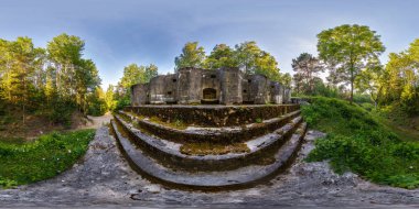 full seamless panorama 360 angle view battle position on abandoned military fortress of the First World War in forest in rays of setting sun in equirectangular spherical projection, skybox VR content clipart