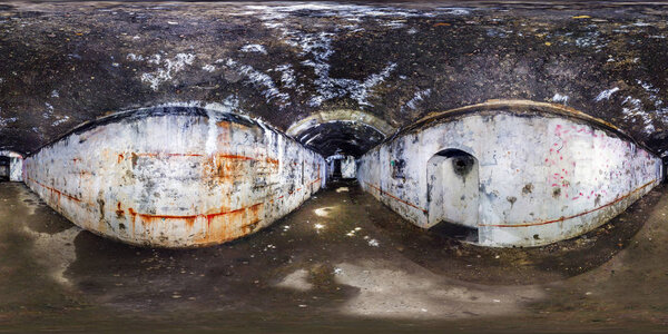 full seamless panorama 360 degrees angle view inside ruined abandoned military underground casemates fortress of the First World War in equirectangular spherical projection, skybox horror VR content