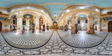 MINSK, BELARUS - JULY, 2017: full seamless panorama 360 by 180 angle view in interior of luxury orthodox church in  equirectangular projection, skybox VR content clipart