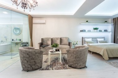 Minsk, Beyaz Rusya - Ocak, 2019: luxure salonu iç çatı düz daireler 