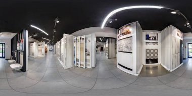 Minsk, Beyaz Rusya - Haziran 2017: tam seamless panorama 360 derece açılı görünüş küresel equirectangular projeksiyon, Vr içerik mağazasında iç modern Seramik Karo
