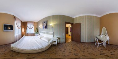 Minsk, Beyaz Rusya - Şubat 2014: küresel 360 tarafından 180 derece açı seamless panorama equirectangular eşit uzaklıkta projeksiyon, Ar Vr içerik modern düz daire iç yatak odasında tam
