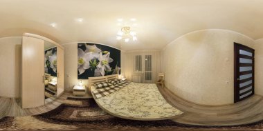 Grodno, Belarus - Şubat, 2013: küresel 360 tarafından 180 açı derece sorunsuz panorama equirectangular eşit uzaklıkta projeksiyon, Vr içerik modern düz daireler içinde iç yatak odasında tam