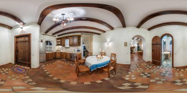 Grodno, Belarus - Kasım, 2013: sorunsuz Küresel Panorama 360 derece görüş açısı eşit uzaklıkta projeksiyon equirectangular evde tatil iç mutfak tam. VR içeriği