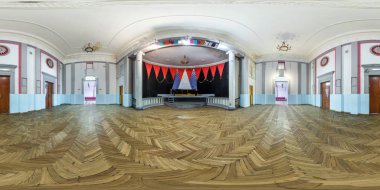 Grodno, Belarus - Ocak 2019: Tam küresel seamless panorama 360 derece açılı görünüş eski terk edilmiş konser salonunda. eşit aralıklı dikdörtgen eşit uzaklıkta projeksiyon, Vr Ar devamı 360 panorama