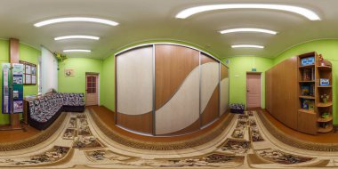 Minsk, Beyaz Rusya - Temmuz, 2017: seamless panorama 360 anaokulu equirectangular projeksiyon, Vr içerik soyunma odasında iç görüş açısı tam