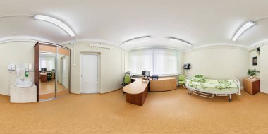 Grodno, Belarus - Nisan, 2017: kardiyo teşhis tedavi equirectangular projeksiyon modern tıp merkezi uyku hastalıklarının iç ofis seamless panorama 360 görünümünde tam. VR içeriği