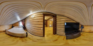 Mogilev, Beyaz Rusya - Aralık, 2017: panorama 360 derece açı tv tatil evde equirectangular projeksiyon, loca Vr Ar içeriği ile ahşap yatak odasında görüntülemek
