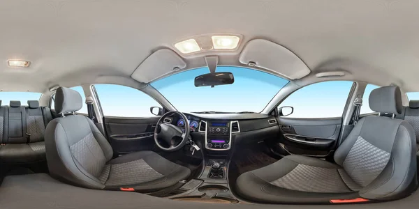 Plné hladké panorama 360 stupňů úhel pohled v interiérové textilie salon prestige moderní automobil v equirectangular ekvidistantní sférické projekce. skyboxů pro obsah ar vr — Stock fotografie