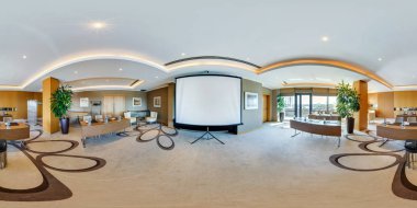 Minsk, Beyaz Rusya - Temmuz, 2017: tam sorunsuz küresel panorama 360 derece açılı görünüş iç lüks boş konferans salonunun equirectangular projeksiyon, loca Vr içerik iş toplantıları için