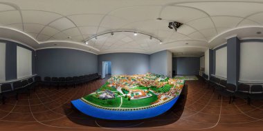 Grodno, Belarus - Ocak 2019: küresel sorunsuz HDRI panorama 360 derece açılı görünüş minyatür kağıt mache equirectangular projeksiyon, Vr Ar içerik müzesinde eski antik kentinin tam