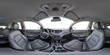  tam sorunsuz 360 derece panorama görünüm üzerinde beyaz izole küresel projeksiyon equirectangular prestij modern otomobillerin deri iç açı. VR ar içeriği