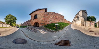 Full seamless 360 degrees angle view panorama near bastion of city wall decorative medieval style architecture in equirectangular spherical projection. vr content clipart