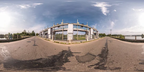 Full seamless spherical panorama 360 degrees angle view near dam of hydroelectric power station in equirectangular equidistant projection, VR AR virtual reality content — Stock Photo, Image