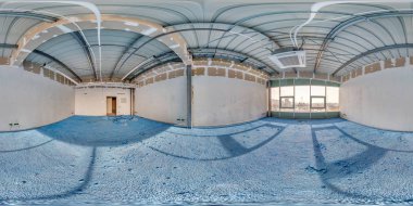 Empty room without repair with blue polystyrene floor. full seamless spherical hdri panorama 360 degrees in interior of white loft room for office with panoramic windows in equirectangular projection clipart