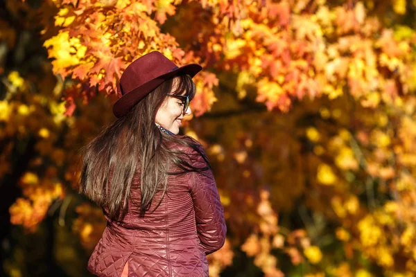 Ao ar livre close-up retrato grande tamanho modelo bela menina morena com chapéu e vidro solar olhando para a câmera na floresta de outono como fundo — Fotografia de Stock