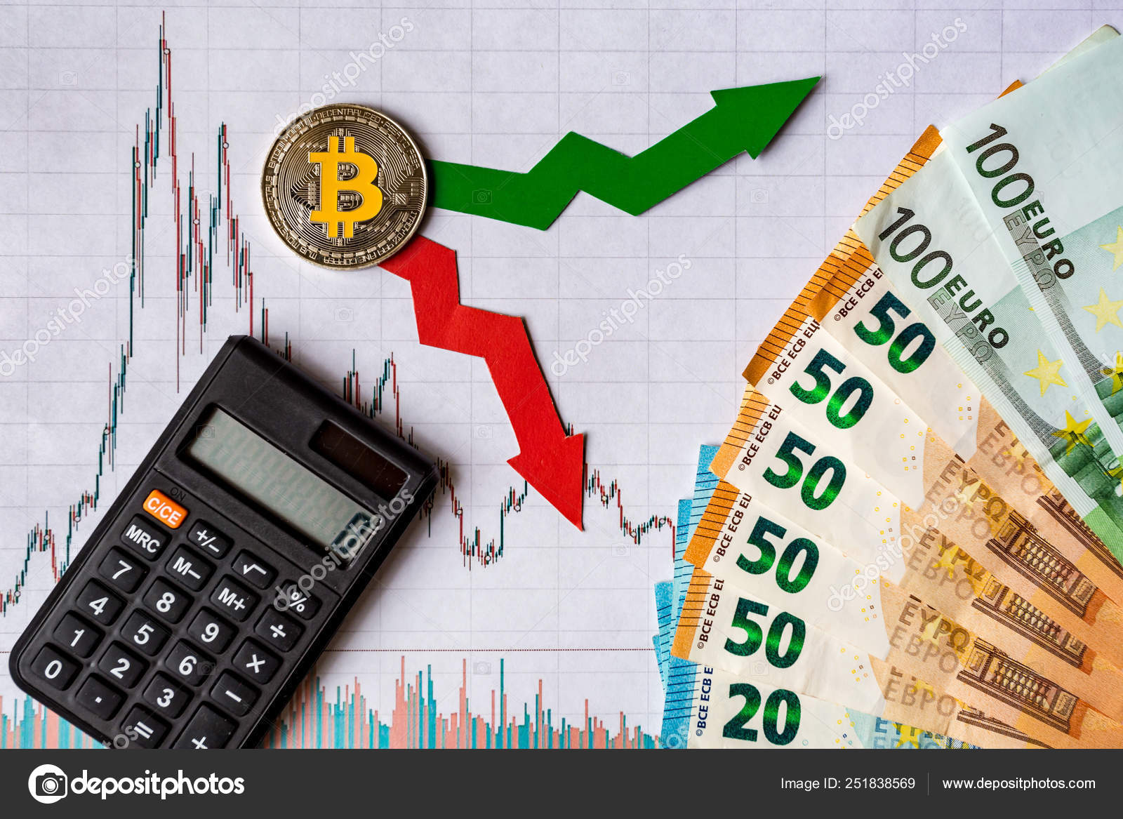 Fluctuations and forecasting of exchange rates of virtual money. Red and  green arrows with golden Bitcoin ladder on white paper forex chart  background with euro banknotes. Cryptocurrency concept. — Stock Editorial  Photo ©