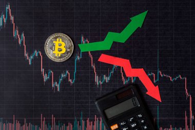 dalgalanmalar ve sanal para bitcoin Döviz kurları tahmini. Altın Bitcoin merdiven siyah kağıt forex üzerinde kırmızı ve yeşil oklarla hesap makinesi ile arka plan grafik. Cryptocurrency kavramı.