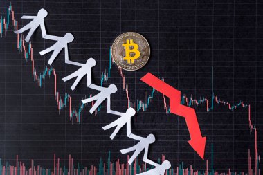 kârsız yatırım sanal para bitcoin amortisman. Kırmızı ok, gümüş bitcoin ve kağıt kalabalık kağıt forex grafik dizin arka plan üzerinde inmek. Cryptocurrency amortisman kavramı.