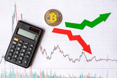 dalgalanmalar ve sanal para bitcoin Döviz kurları tahmini. Altın Bitcoin merdiven hesap makinesi ile beyaz kağıt forex grafik arka plan üzerinde kırmızı ve yeşil oklarla. Cryptocurrency kavramı.