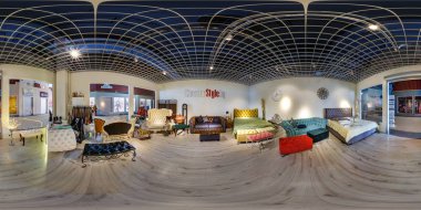 Minsk, Beyaz Rusya - Mayıs 2018: küresel seamless panorama 360 derece iç Shop elit mobilya showroom mağazası chester tarzı equirectangular projeksiyon, Vr içeriği ile tam