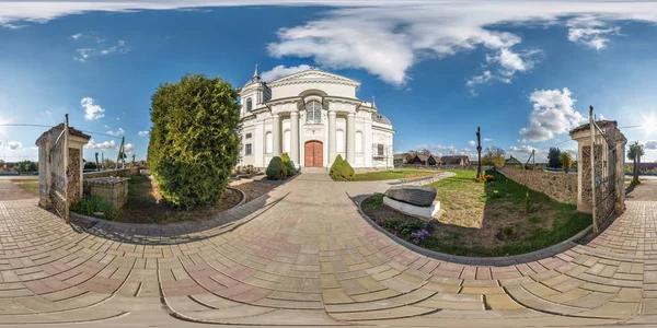 GRODNO, BELARUS - OCTOBER 2018: full seamless panorama 360 angle view near catholic church with awesome clouds  in equirectangular projection. Storage of waste for further disposal. — Stock Photo, Image