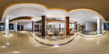 Minsk, Beyaz Rusya - Ağustos, 2013: küresel 360 derece panorama'eşit uzaklıkta projeksiyon equirectangular otelin modern lüks misafir odası salonunda içinde sorunsuz panorama tam. VR içeriği