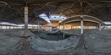 Tam küresel sorunsuz 360 derece açı görünümü panorama beton yapılar Havaalanı equirectangular eşit uzaklıkta projeksiyon, Vr Ar içerik bitmemiş binayı terk etti.