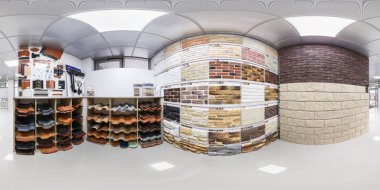 Minsk, Beyaz Rusya - 2017 olabilir: tam sorunsuz küresel panorama 360 derece açılı görünüş iç modern seramik eşya, showroom banyo equirectangular projeksiyon, Vr içerik