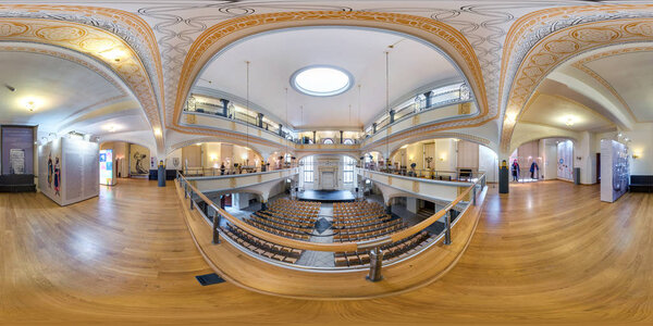 WROCLAW, POLAND - SEPTEMBER, 2018: Full seamless 360 degrees angle view panorama in old synagogue modern concert hall in present in equirectangular projection. ready for VR AR virtual reality content