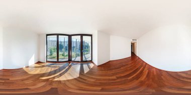 Panorama 360 modern beyaz boş loft daire iç oturma odası binasının tam sorunsuz 360 derece açı görünümü panorama equirectangular küresel eşit uzaklıkta projeksiyon görünümünde. VR Ar içeriği