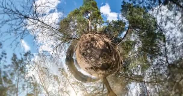 Little Planet Transformation Curvature Space Full Flyby Panorama Rise Sky — Stock Video