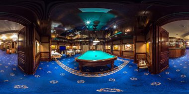 MINSK , BELARUS - FEBRUARY, 2015: full seamless spherical panorama 360 degrees angle Inside interior of luxury stylish gold casino. Billiards pills room. 360 panorama in equirectangular projection clipart