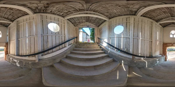 Full seamless spherical panorama 360 degrees angle view  in wooden tunnel with concrete staircase  in equirectangular projection, ready VR AR virtual reality content — Stock Photo, Image