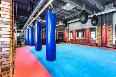 GRODNO, BELARUS - APRIL 2019: Hall of martial arts with fighting ring and punching bags in the modern Fight club clipart