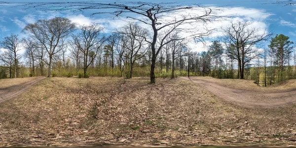 Πλήρες σφαιρικό HDRI πανόραμα 360 μοίρες θέα γωνία σε χωματόδρομο πεζοδρομίων και ποδηλατικές διαδρομές μονοπατιού σε δάσος κοντά σε τεράστιες βελανιδιές στην ηλιόλουστη μέρα της άνοιξης σε ισοορθογώνια προβολή. Περιεχόμενο VR AR — Φωτογραφία Αρχείου