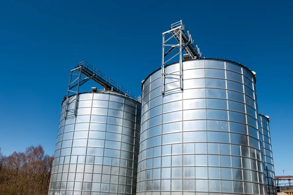 Impianto di agrotrasformazione per la trasformazione e silos d'argento per l'essiccazione pulizia e magazzinaggio di prodotti agricoli, farine, cereali e cereali — Foto Stock