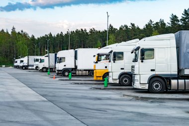 Orman yakınındaki otoparkta konteynerlerle arka arkaya kamyonlar ,
