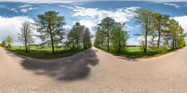 Full sferyczne bezszwowe Panorama 360 stopni kąt widzenia na brak drogi asfaltu drogowego wśród alei modrzewia drzew i pól z niesamowitymi chmurami w równej projekcji równoodległościowe, VR AR treści — Zdjęcie stockowe