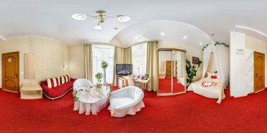 Minsk, Belarus-Mayıs, 2018: tam Dikişsiz küresel HDRI Panorama 360 equirectanguler küp projeksiyon elit otelde yeni evliler için Boudoir oda iç derece açı VR ar içerik