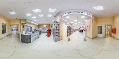 Minsk, Beyaz Rusya - Mayıs 2018: küresel seamless panorama iç raflar kumaşlar elit Tekstil mağazası equirectangular projeksiyon, Vr içerik ile 360 derece Shop tam