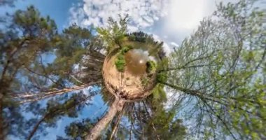 Hayır Vr. Uzay eğriliği ile Küçük gezegen Dönüşüm. Soyut burulma ve göl yakınındaki ormanda manzara gökyüzüne yükselişi ile tam flyby panorama iplik. düşen drone