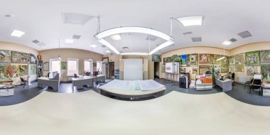 Minsk, Beyaz Rusya - Mayıs, 2019: Tam küresel dikişsiz hdri panorama 360 derece açı görünümü mimari tasarım bürosu iç içinde equirectangular projeksiyon, Vr Ar içerik sahte binalar ile