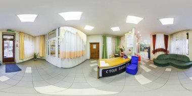 Minsk, Beyaz Rusya - Mayıs 2018: Equirectangular projeksiyon, Vr içeriği elit tekstil farklı renklerde raflar kumaşlar ile dükkanın iç tam küresel dikişsiz hdri panorama 360 derece