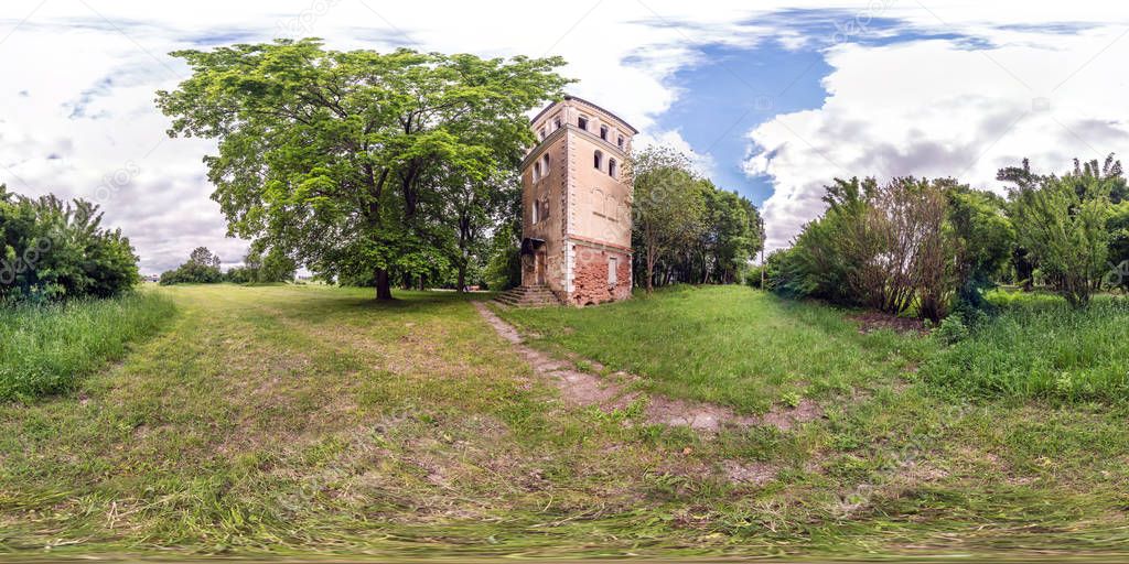 full seamless spherical hdri panorama 360 degrees angle view on old stone abandoned fire tower in village park in equirectangular projection, ready for  VR AR virtual reality content