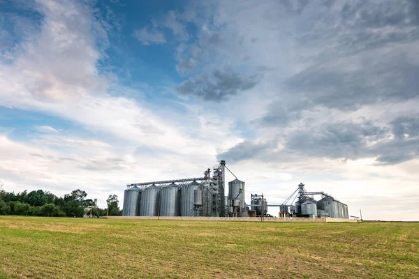 Planta agroprocesadora para procesamiento y silos para secado limpieza y almacenamiento de productos agrícolas, harina, cereales y granos con hermosas nubes — Foto de Stock