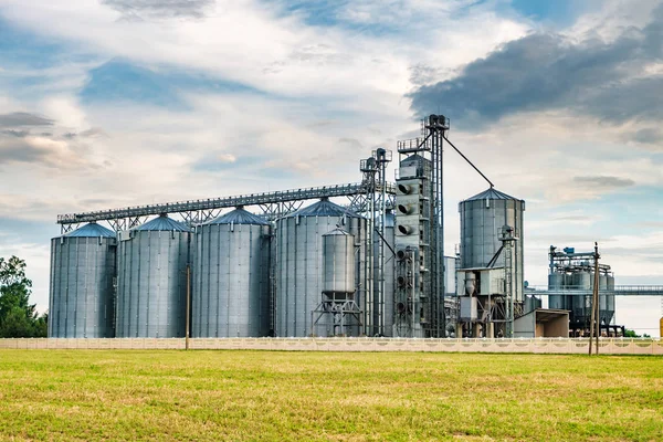 Planta agroprocesadora para procesamiento y silos para secado limpieza y almacenamiento de productos agrícolas, harina, cereales y granos con hermosas nubes — Foto de Stock