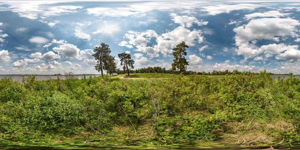 Full bezszwowe sferyczne HDRI Panorama 360 stopni kąt widzenia na wybrzeżu trawy ogromne jezioro lub rzeka w róż pies krzewów i wietrznej pogodzie z pięknymi chmurami w ekwiprostokątnym projekcji, treści VR — Zdjęcie stockowe